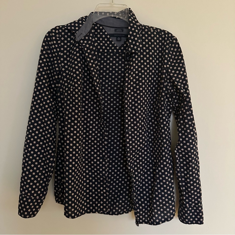 Tommy Hilfiger Size XS Navy and White Dotted Classic Fit Long Sleeve Shirt